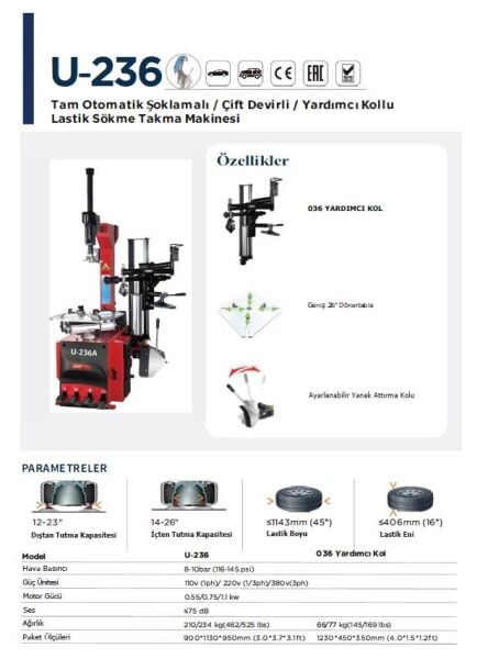 Unite U-236A Lastik Sökme Takma Makinesi 380V
