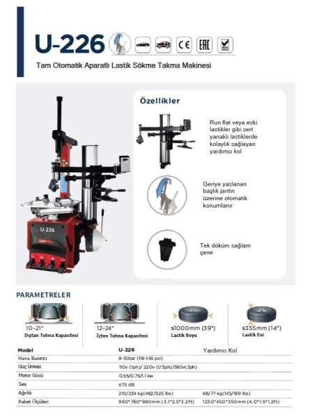 Unite U-226A Tam Otomatik Lastik Sökme Takma Makinesi 380V
