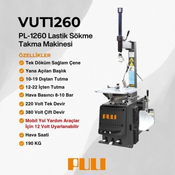 Puli PL-1260-12V Mobil Lastik Sökme Takma Makinesi 10-22 12Volt