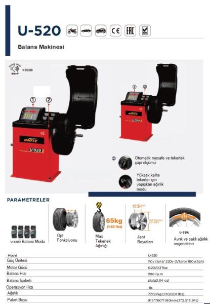 Unite U-520 Sabit Lastik Balans Makinesi 220V