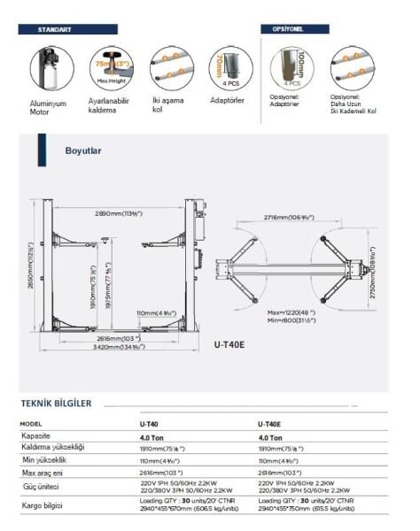 Unite U-T40EF 2 Sütunlu Lift 380V