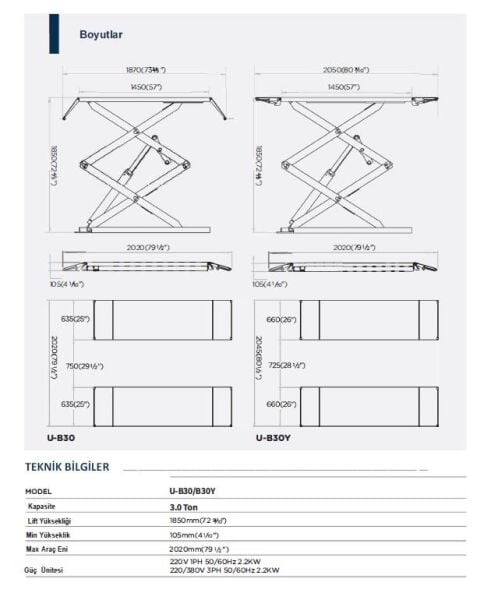 Unite U-B30 Hidro Elektrik Makaslı Lift 380V
