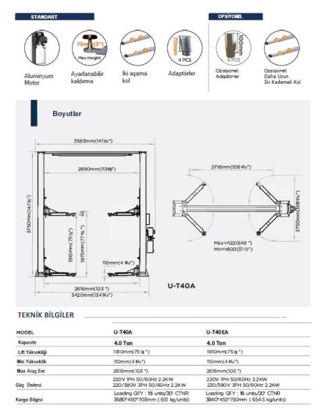 Unite U-T40EA Otomatik Kilitli Lift 380V