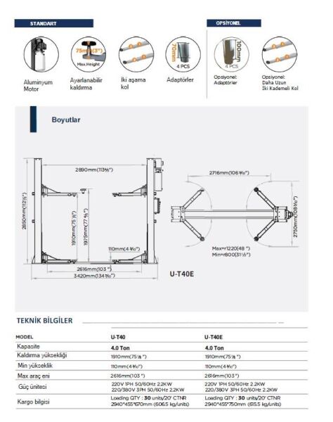 Unite U-T40E 2 Sütunlu Lift 4 Ton 380V