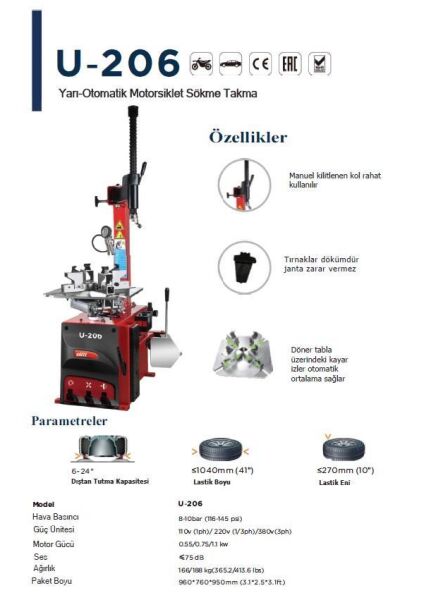 Unite U-206+09 Binek/Motor Yardımcı Kollu Lastik Sökme Takma 6-24 220V