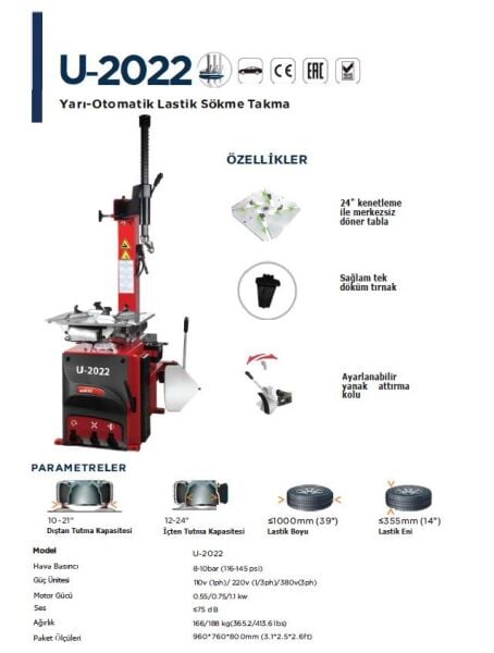 Unite U-2022M Yarı Otomatik Lastik Sökme Takma Makinesi + U-110 Balans Makinesi 12-24 220V