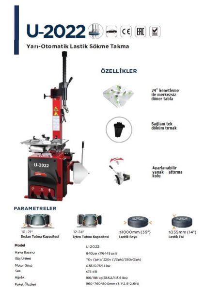 Unite U-2022M Yarı Otomatik Lastik Sökme Takma Makinesi + U-110 Balans Makinesi 12-24 220V