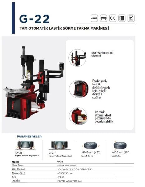 Unite G-22 Full Otomatik Lastik Sökme Takma Makinesi 380V