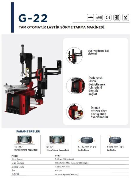 Unite G-22 Full Otomatik Lastik Sökme Takma Makinesi 380V