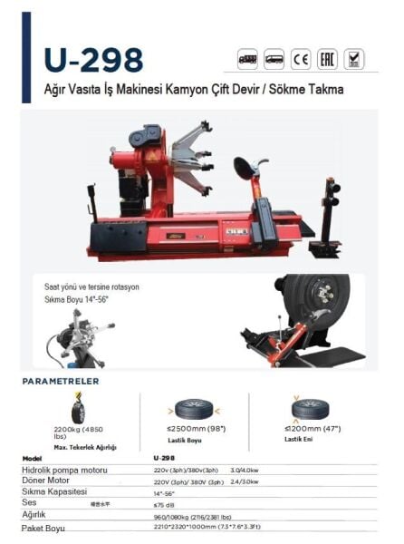 Unite U-298 Ağır Vasıta/İş Makinesi Lastik Sökme Takma Makinesi 380V